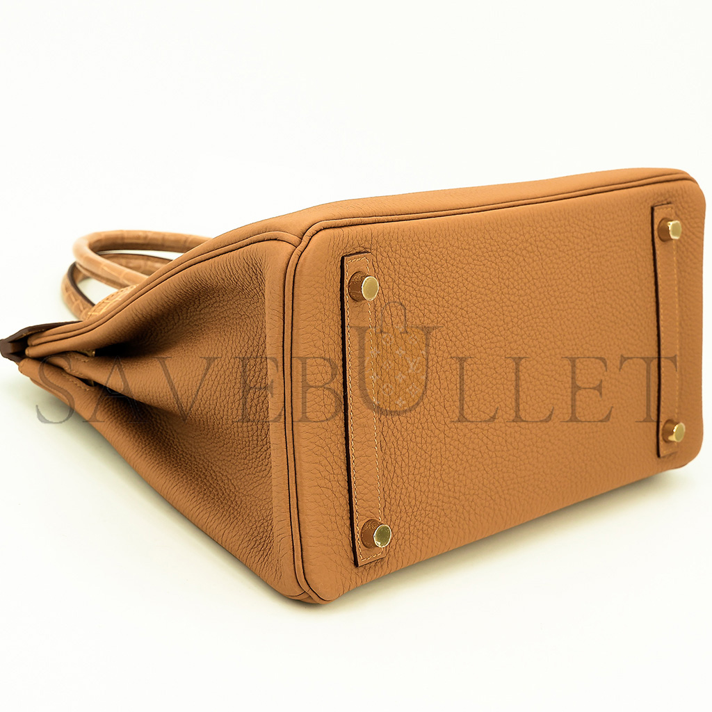 H**mes master birkin 25 crocodile and togo leather golden brown gold buckle h076216ck42 (25*20*13cm)